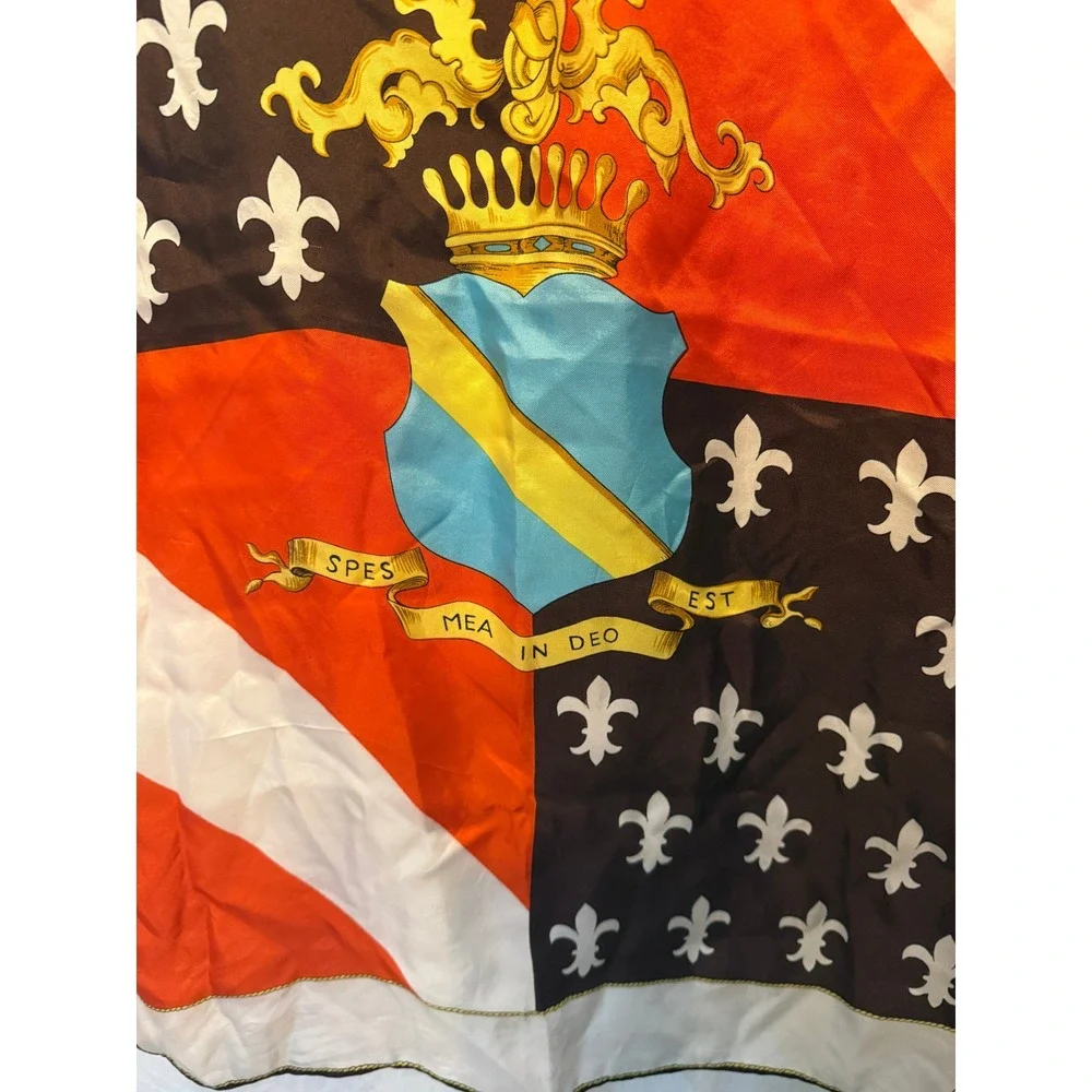 Oleg Cassini Vintage Silk Scarf Heraldic Crest Fleur De Lis Orange Brown White